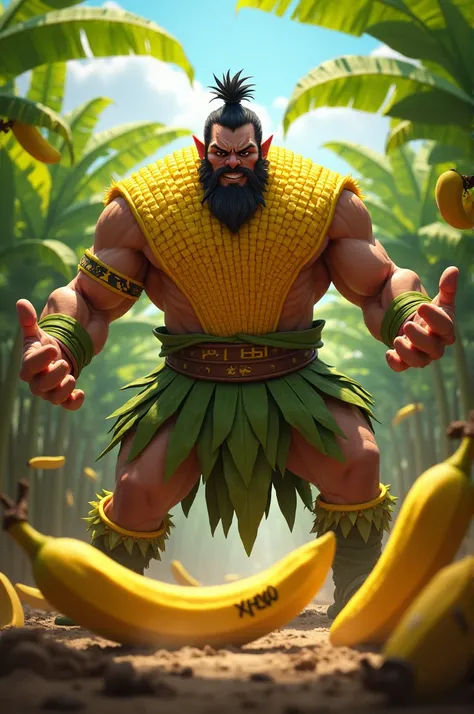 A black warrior man fighting for his banana against making people trying to snatch it from him .warrior should be made out of banana vest trying to stop invaders from invading his banana field