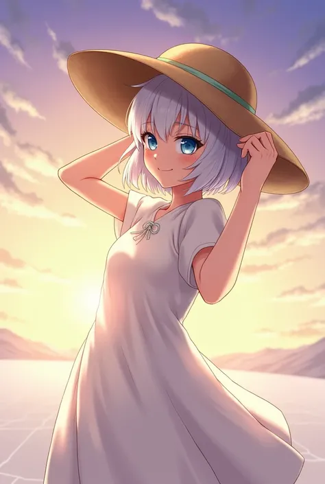 1 Girl, masterpiece, Extremely detailed, (Beautiful and delicate light), lens flare, White hair, short hair, Flowing hair, look back, Back, Smile, blue eyes, White Dress, Medium breasts, Upper Body, Wide-angle lens, straw hat, ((Uyuni Salt Flats)), sunrise...