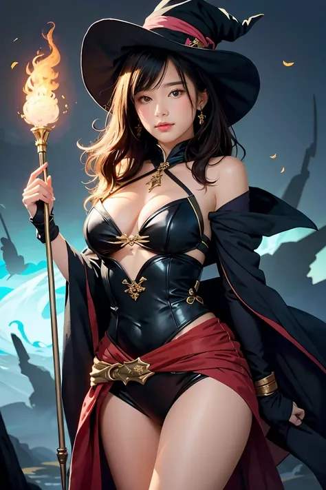 solo, 1girl, fantasy wolrd, sexy witch, staff of magic, fire folating around her.