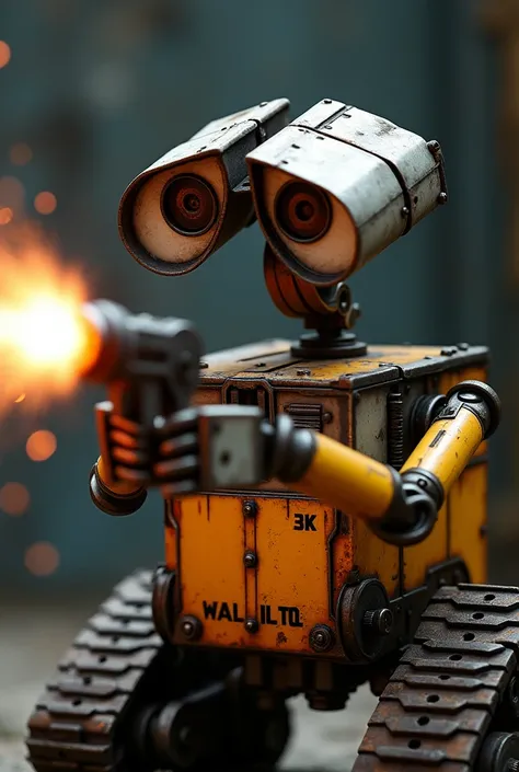 a robot Wall-E firing bullets from a gun, detailed metal robot, detailed mechanical parts, highly detailed machinery, intricate steampunk design, highly detailed gears and circuitry, dramatic lighting, cinematic angle, extreme closeup, (best quality,4k,8k,...