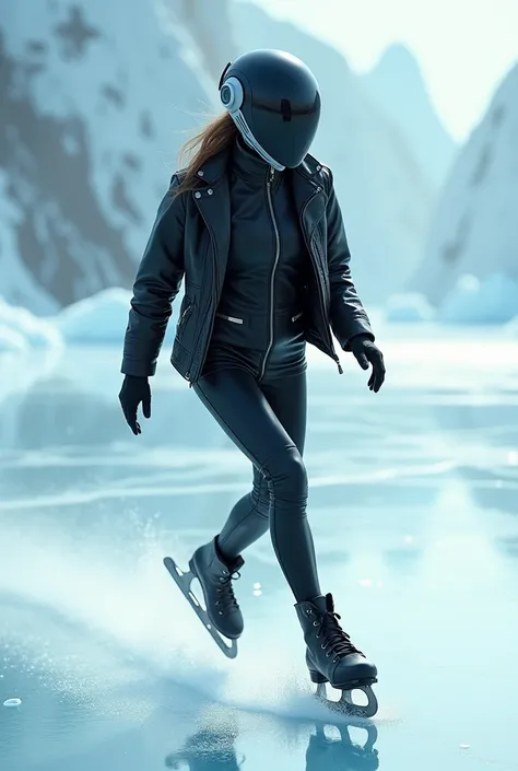 Female ice skater，Wearing a black leather jacket，A futuristic helmet，Glide along the ground，individual，Hyperrealism，Wallpaper quality，Photography style