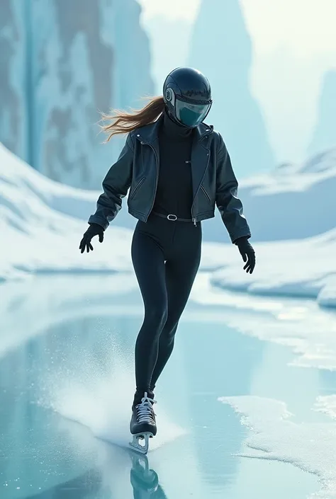 Female ice skater，Wearing a black leather jacket，A futuristic helmet，Glide along the ground，individual，Hyperrealism，Wallpaper quality，Photography style