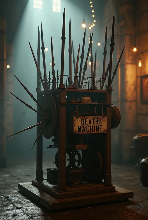 (photo:1.2) of a museum display showcasing a machine to torture men. Long rusty metal spikes sprout from the machine. (A weathered sign pleads "DEATH MACHINE"). Masterpiece, best quality, 8K, photo realistic, wallpaper, wallpaper 8k, photographic contest w...