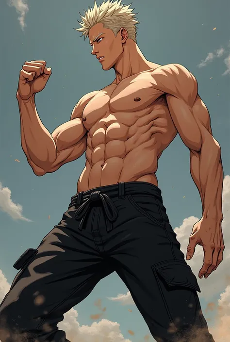 Yuji Itadori from Jujutsu Kaisen, wearing black pants, in combat pose, slightly muscular, defined body, shirtless, abs, big legs