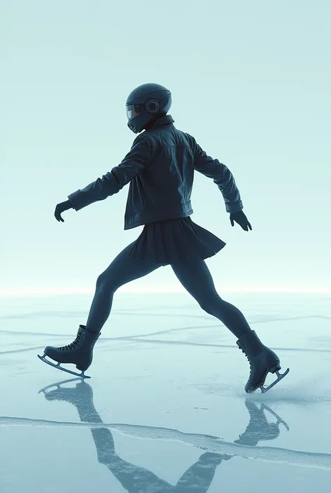 Female ice skater，Wearing a black leather jacket，A futuristic helmet，Glide along the ground，individual，Hyperrealism，Wallpaper quality，Photography style