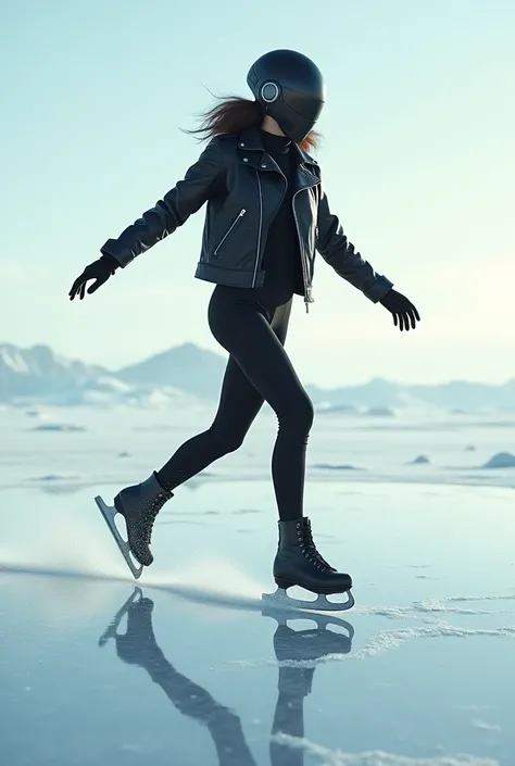 Female ice skater，Wearing a black leather jacket，A futuristic helmet，Glide along the ground，individual，Hyperrealism，Wallpaper quality，Photography style