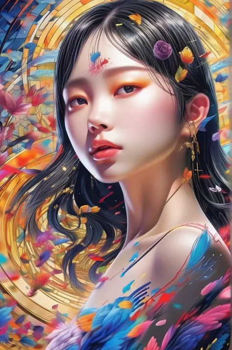 teamLab Style - Artwork、Masterpiece、Ultra high definition、Golden Ratio、Beautiful girl、Beautiful Face、A dynamic pose、From below、Anatomically correct body depiction