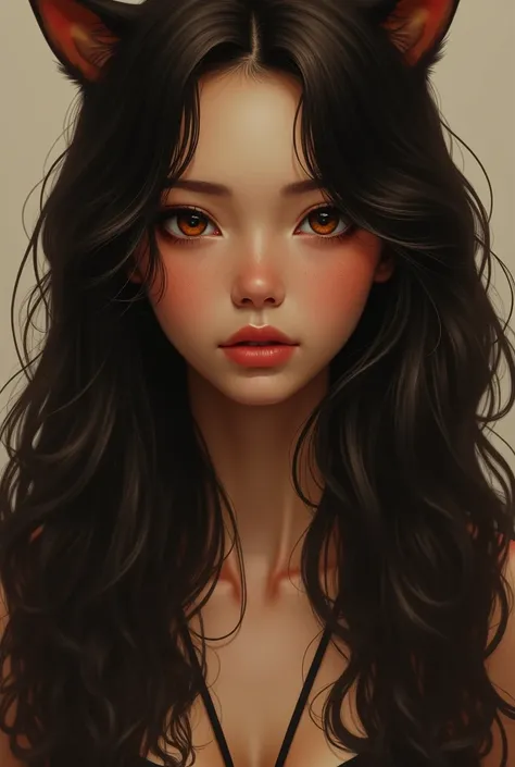 A tall slim girl with long wavy hair dark brown eyes brown skin fiamond face shape feline eyes