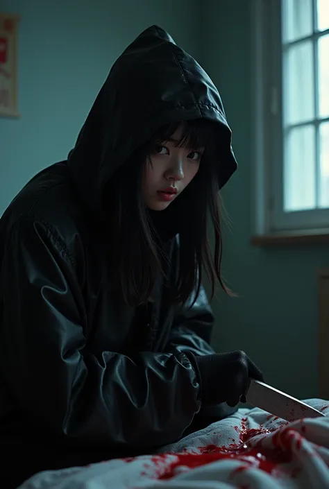 korean girl, (behind corpse, holding knife), stabbing, black gloves, room full of blood, black raincoat, 20 years old girl, big tits, glamorous, hood up, holding knife, black gloves, behind corpse, looking at viewer, blood splatter, bondage, bed room, blac...