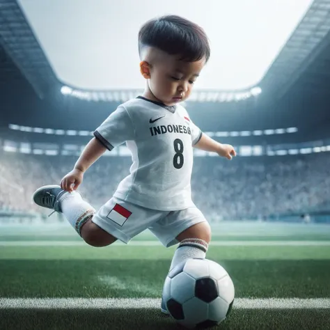 Photography of a 2 year old Indonesian child wearing a white Indonesian football jersey with the number 8, model rambut Buzz Cut with Shaved Design.  football stadium field background. pose of kicking the ball towards the goal. realistic, ultra HD 4k.