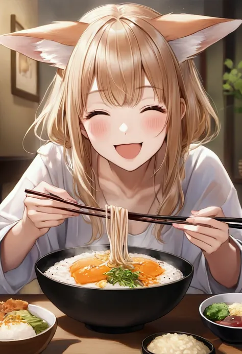 One person,Fox-eared girl,Udon、(((丼の中に薄っぺらいお揚げの入ったUdon)))、,chopsticks,eat, looks happy、cute、Realistic Anime、