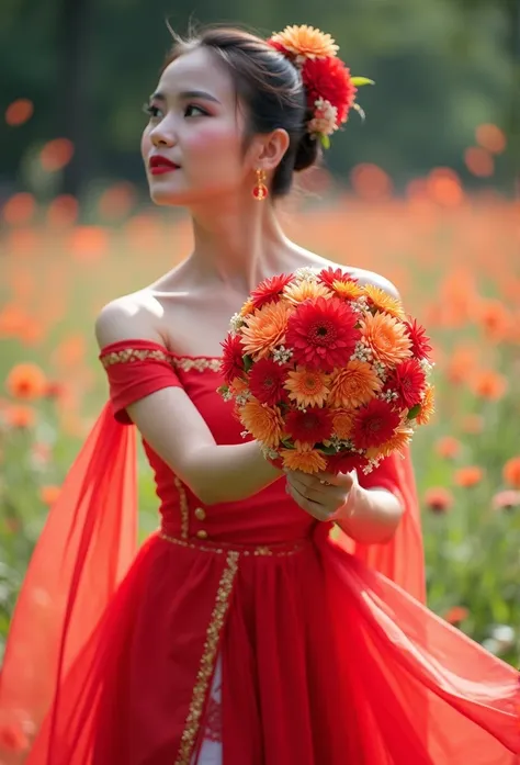 A woman in traditional dress holds a flower ball，Show off your flower ball skills。