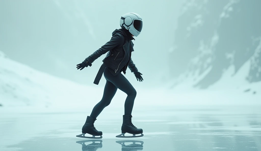 Female ice skater，Wearing a black leather jacket，A futuristic helmet，Glide along the ground，individual，Hyperrealism，Wallpaper quality，Photography style