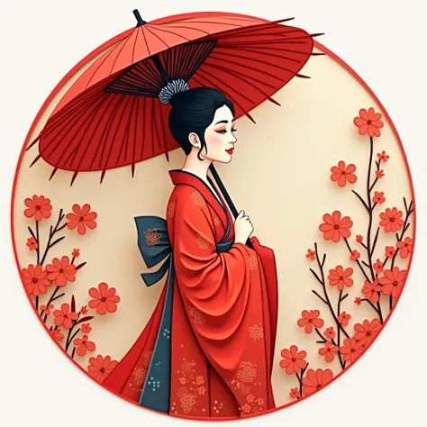 Flat cut Paper style，((Ancient Chinese woman holding an umbrella，red，Paper，color block，((round))