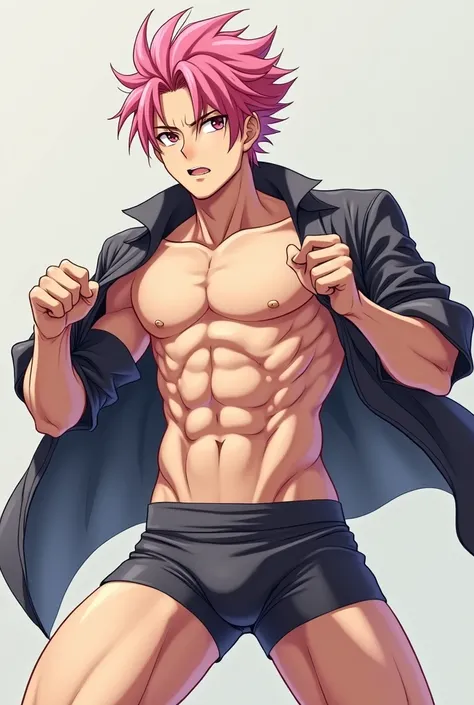 Anime guy in underwear posing with his shirt open, Yuji Itadori, pink hair, black under hair, Jujutsu Kaisen, in combat pose, slightly muscular, defined body, shirtless, abs, big legs

