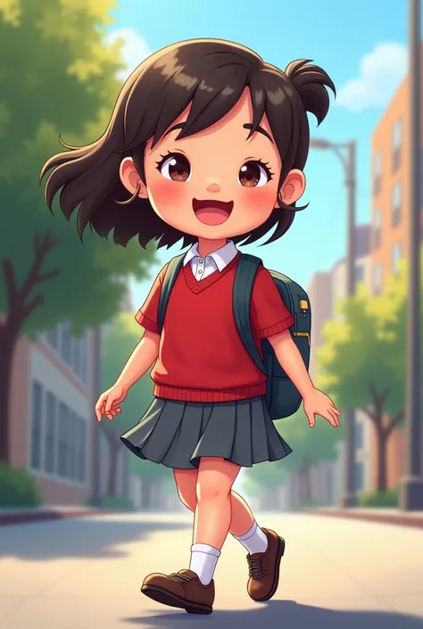 Cartoon little student wearing red uniform grey skirt carrying school bag