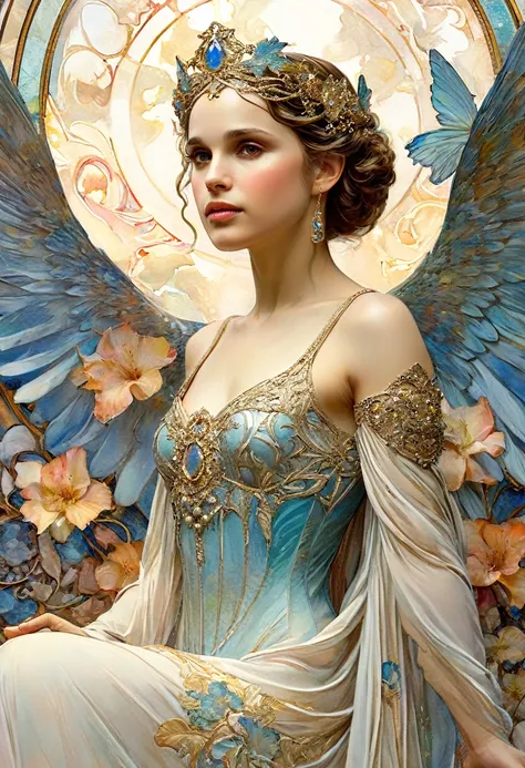 It depicts a beautiful woman with stars in her hair., (Natalie Portman:1.2), extremely detailed watercolor, The style of Alfons Maria Mucha and Gustav Kilmut, Art Nouveau accents, Fairy Queen, Anthropomorphic woman, Female figure, Detailed cover artwork, A...