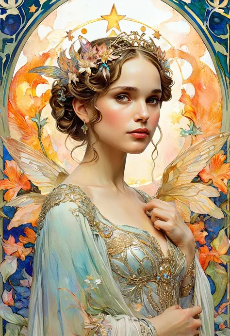 It depicts a beautiful woman with stars in her hair., (Natalie Portman:1.2), extremely detailed watercolor, The style of Alfons Maria Mucha and Gustav Kilmut, Art Nouveau accents, Fairy Queen, Anthropomorphic woman, Female figure, Detailed cover artwork, A...