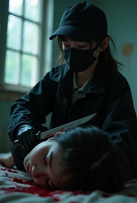 korean girl, (behind corpse, holding knife), black surgical mask, black gloves, room full of blood, black raincoat, trucker hat, holding knife, black gloves, woman on top, behind corpse, blood splatter, on the bed, mass murderer, killer, low ponytail, bloo...