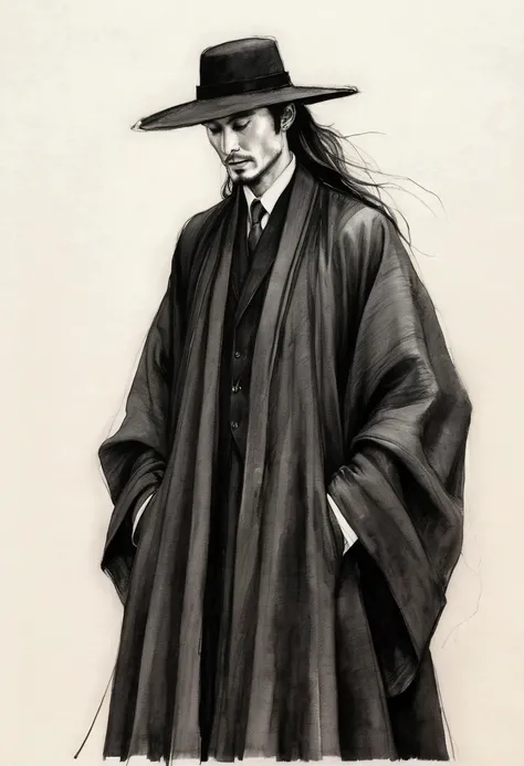 Drawing of a man wearing a hat and tie, Black Sketch, Abstract charcoal sketch, Loose pencil sketch, Black ink sketch, charcoal smudges, Ink pen sketch, Line Drawing, Long flowing hair and robes, drawn on paper, Writing with black ink on white paper, Weari...