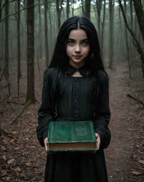  young 11 year old girl,daughter of severus snape, green eyes, black hair, old gray witch, dirty in the middle of a dense forest at night carrying several books, portraite, scary and big witch, dark scenery, horror style, nightmarish, witchcraft books, mac...