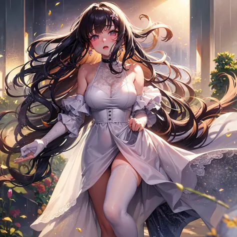 A beautiful 20 years old girl walking in a field of flowers, anime girl, wedding dress, sleeveless, skirt parted in front, white thigh highs, blue sky, rain of flowers, big round breasts, dark brown hair, long hair, wavy hair, long bangs, expressive hair, ...