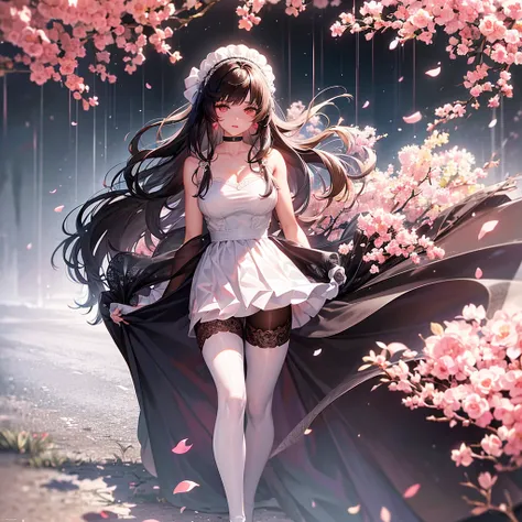 A beautiful 20 years old girl walking in a field of flowers, anime girl, wedding dress, sleeveless, skirt parted in front, white thigh highs, blue sky, rain of flowers, big round breasts, dark brown hair, long hair, wavy hair, long bangs, expressive hair, ...