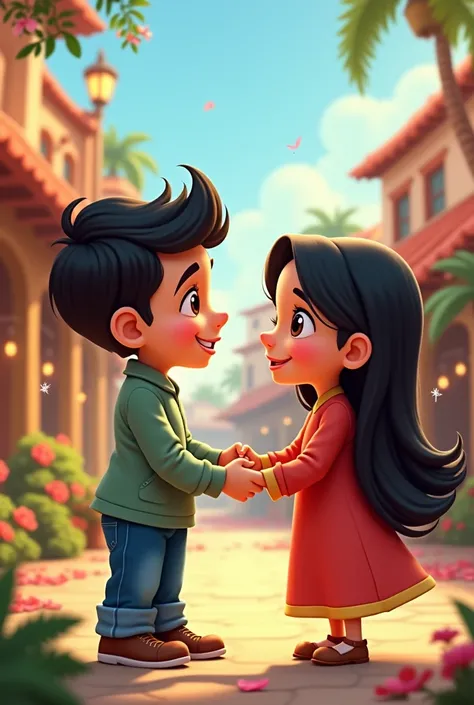 Show Ali holding Maryam’s hand firmly, symbolizing their friendship. in Disney cartoon form 

