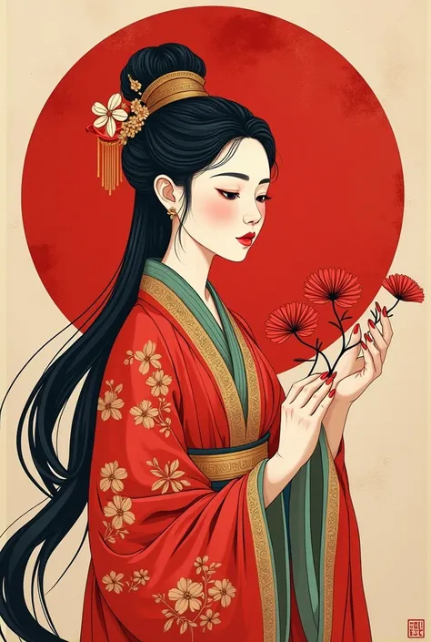 Flat cut Paper style，((Ancient Chinese woman holding and digital arts，red，Paper，color block，((round))