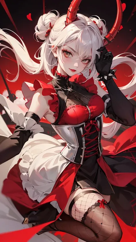 1 girl, anime, masterpiece, best quality, intricate details, futuristic setting, red and white hair, smirk, elegant, maid uniform, demon horns, bun, spiked bracelets, red lipstick, gothic aesthetic, tall, curvy, confident pose, black maid dress, corset, fi...