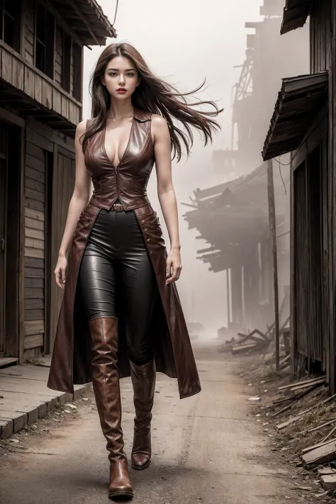 Full body cowboy woman circa 1880s, Brown long straight hair, Brown eyes, High arched eyebrows, Slender and graceful neck, Red lips, Large Breasts, Brown Leather Tights, Sleeveless Brown Leather Vest, Leather Boots, Walking on the dusty sandy streets of a ...