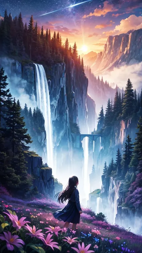 1girl, ftom behind, open her hands wide to feel the freshness that nature gave. At night, epic wide landscape at the background, mountains, majestic waterfall, trees and flowers. The girl seen from a far distance, she looks tiny in the picture, silhouette....