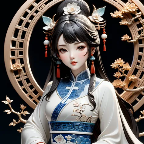 High Quality Fantasy Artifact Concept Art, Simple background, Ceramic Chinese Girl, Carved high-end porcelain, complicated, Gorgeous, 8K