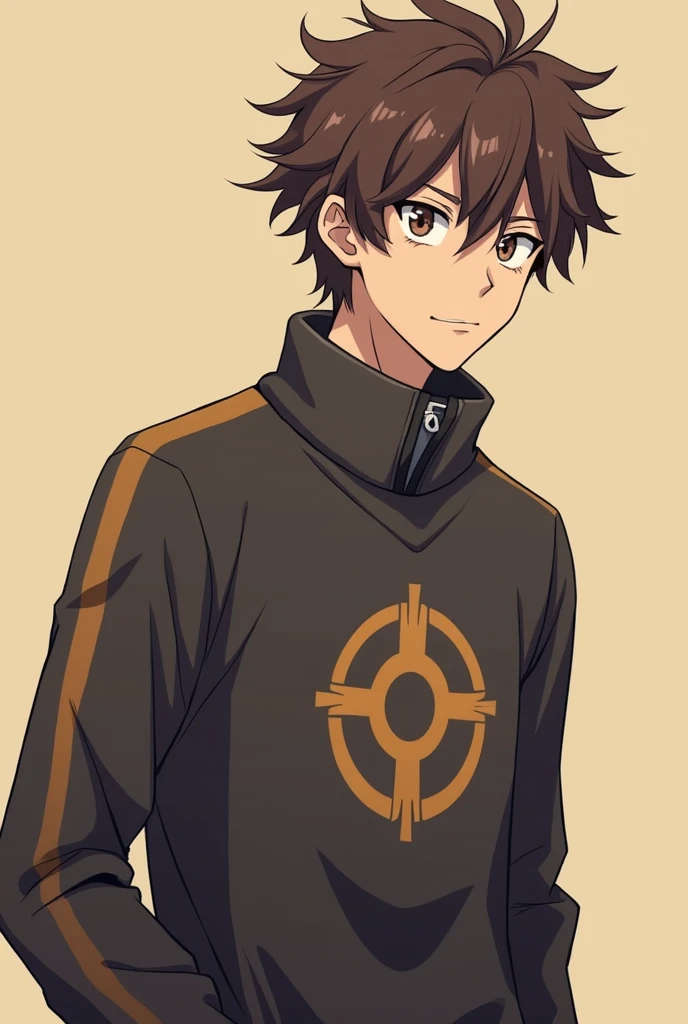  
Jujutsu kisen male character with tall, thin, brown wavy hair wearing a sweatshirt uniform similar to the jujutsu kaisen anime wizard school uniform that is similar to itadori&#39;s uniform 