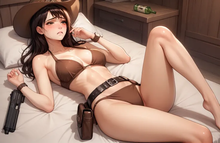 Japanese Beauty,Brown Bikini,(Wear a gun belt with a gun in a holster around your waist),Wear western boots,Brown cowboy hat and watch on wrist,Being drunk,sad,Open your eyes and look here,indoor,Above the knee shot,Lying in bed,Ultra-high resolution,16K