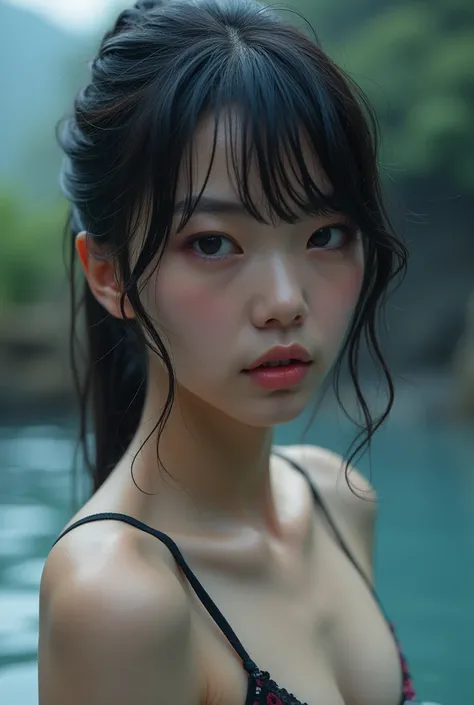 ((Hot springs overlooking the volcano:1.3)), (Tabletop:1.3), (8k, Realistic, RAW Photos, Highest quality: 1.4), Japanese, (1人の40 years oldの女性), Beautiful Face, (Realistic face), (Black Hair), Beautiful hairstyle, Realistic eyes, Beautiful attention to deta...