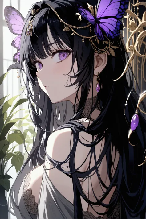 1 woman, alone, dark room, long hair, black hair, purple eyes, long bangs, Gray robe, dismal, big tits, looking at viewer, black stockings, a confused expression