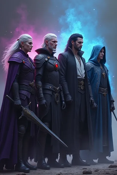 "In an epic scene, four powerful characters stand side by side, each radiating their own aura. Raven, a dark elf male in purple leather armor, stands at the far left. His silver hair flows as he holds a black bow with a calm, calculating expression. Next t...