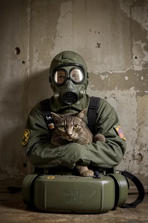 image of cat waring gas mask after nuclear war, cartoonish