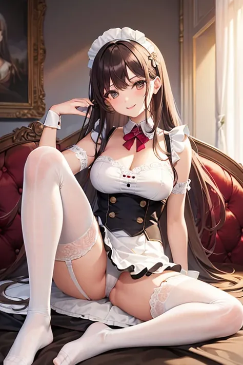 Highest quality, masterpiece, Adult women,8 heads，Classical maid outfit，Brown Hair，Long Hair，Bedroom，Sit on the bed，Leg spread，White tights，White garter belt，White shorts，A seductive smile, 