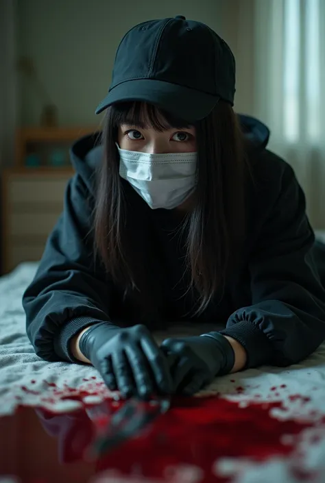 korean girl, (behind corpse, holding knife), surgical mask, black gloves, room full of blood, black raincoat, trucker hat, holding knife, black gloves, woman on top, behind corpse, blood splatter, 20 years old, on the bed, mass murderer, killer, long bangs...