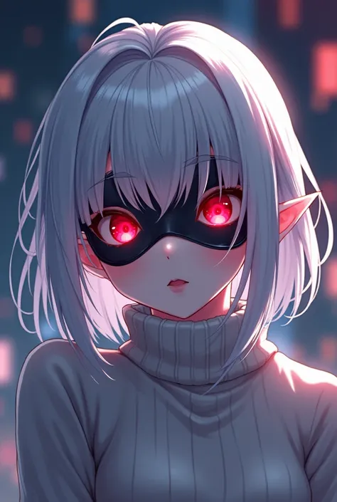 1 Girl, (Solitary), Anime girl with white hair and red eyes, White hair girl, girl in white turtleneck sweater, ((Eye mask)), Pointed ears, ((vampire)), giggle, smug, Shut up, Cowboy shooting, Perfect white-haired girl, White-haired deity, Digital Cyberpun...