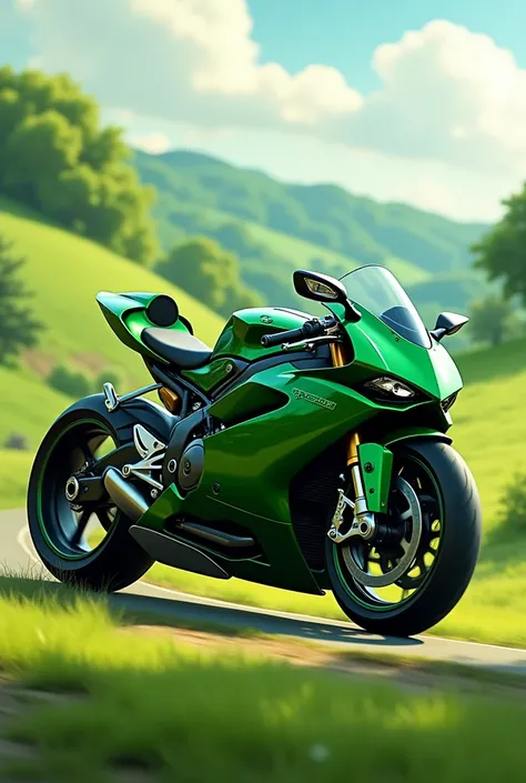 Green motor cycle with a greem background
