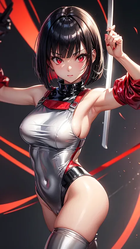 solo girl,Glossy metalic light silver tank top, tight latex shiny, Red interpolation color,Black hair bob,red eyes, camel toe, Samurai Sword,
Lift one leg, sexy lady, โชว์กางเกงใน girl,