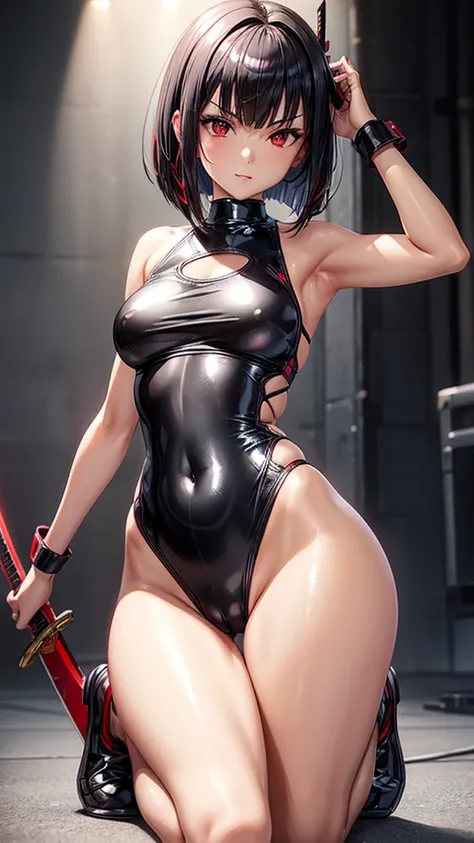 solo girl,Glossy metalic light silver tank top, tight latex shiny, Red interpolation color,Black hair bob,red eyes, camel toe, Samurai Sword,
Lift one leg, sexy lady, โชว์กางเกงใน girl,