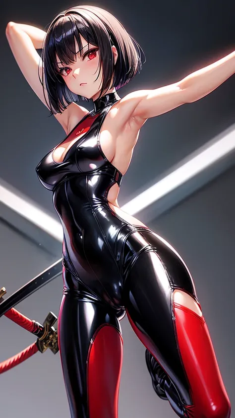 solo girl,Glossy metalic light silver tank top, tight latex shiny, Red interpolation color,Black hair bob,red eyes, camel toe, Samurai Sword,
Lift one leg, sexy lady, โชว์กางเกงใน girl,