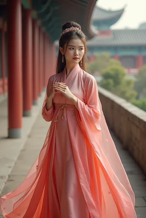 A beautiful girl ,Put on gorgeous Hanfu, Chinese Architecture, landscape