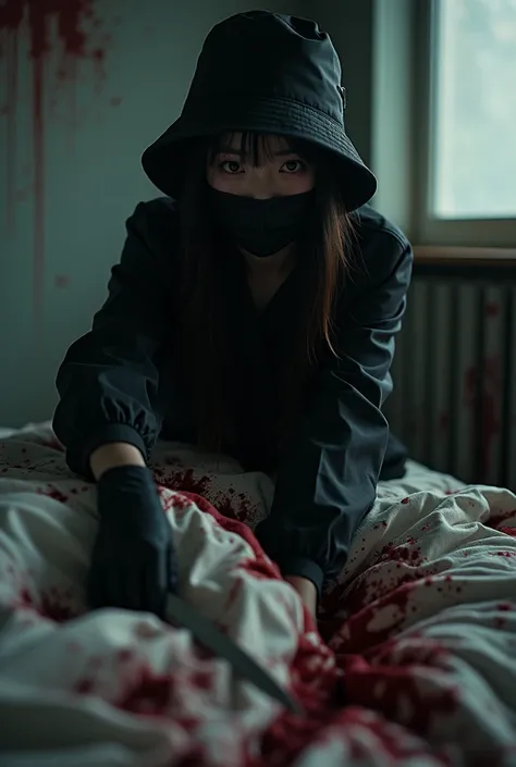 korean girl, (behind corpse, holding knife), black surgical mask, black gloves, room full of blood, black raincoat, bucket hat, looking at viewer, holding knife, black gloves, woman on top, behind corpse, blood splatter, on the bed, mass murderer, killer, ...