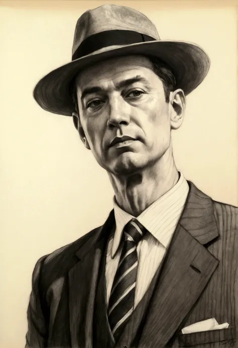 Drawing of a man wearing a hat and tie,  Abstract charcoal sketch, Loose pencil sketch, 