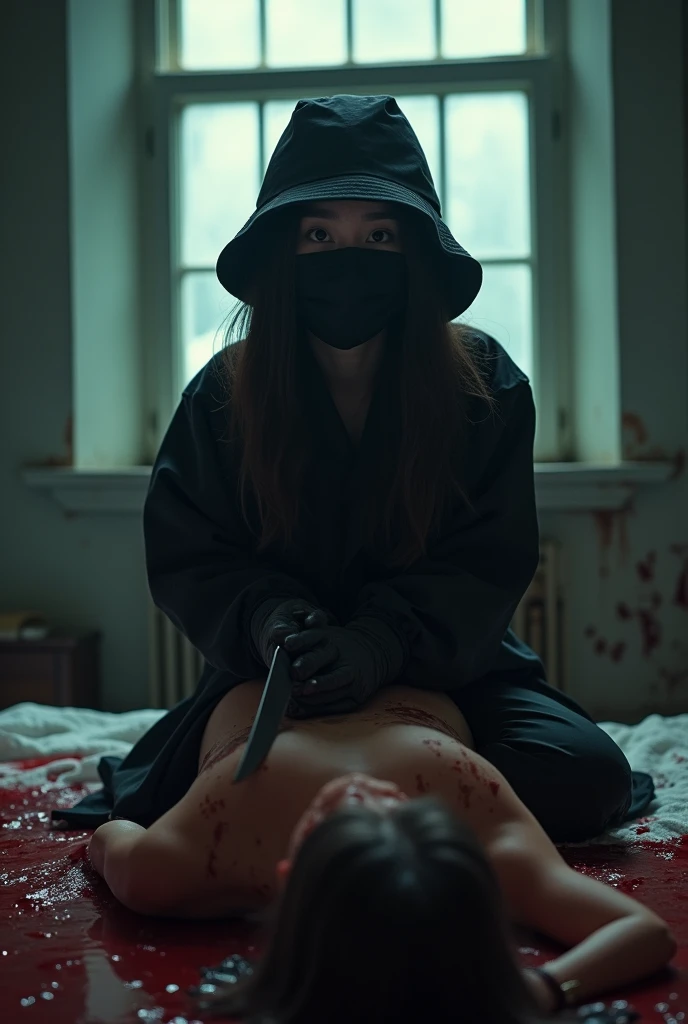 korean girl, (behind corpse, holding knife), black surgical mask, black gloves, room full of blood, black raincoat, bucket hat, looking at viewer, holding knife, black gloves, woman on top, behind corpse, blood splatter, on the bed, mass murderer, killer, ...